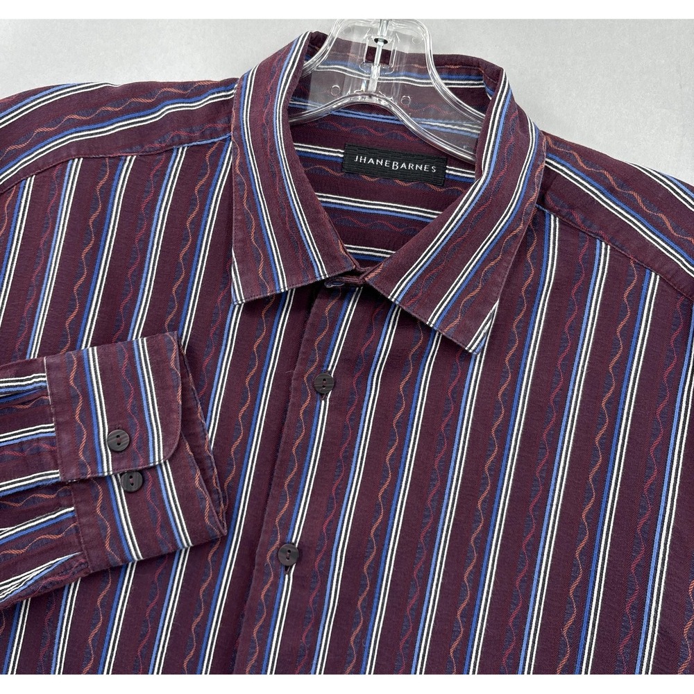 Jhane Barnes Shirt‎ Mens XL Burgundy Blue Stripe Button Up Long Sleeve Abstract